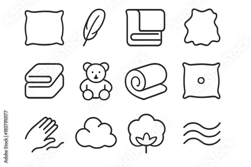 Soft Texture Icons. Soft Textures. Line icon set of Soft Textures: pillow, feather, blanket, fur rug, towel, plush toy, fabric roll, cushion, hand touching