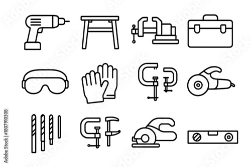 Workshop Equipment Icons. Workshop equipment. Line icon set of Workshop equipment: electric drill, workbench, vise, toolbox, safety goggles, gloves, power