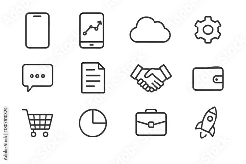 Mobile Business Icons. Mobile-first business solutions. Line icon set of mobile-first business solutions: smartphone, analytics chart, cloud, settings gear,