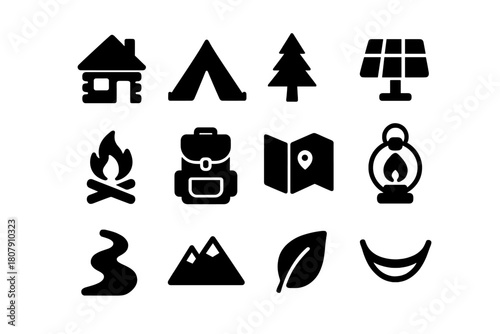 Eco-Lodging Icon Set. Eco-lodging. Solid icon set of Eco-lodging: cabin, tent, tree, solar panel, campfire, backpack, map, lantern, river, mountain, leaf,