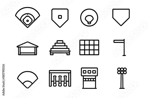 Baseball Field Icons. Baseball field. Line icon set of baseball field: diamond, base, pitcher mound, home plate, dugout, bleachers, fence, foul pole,