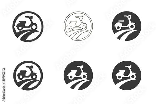 Scooter Logo Variations. Riding a scooter. Icon set. Set Logo of Riding a Scooter: scooter parked beside city street. harmonious logo variations of the same