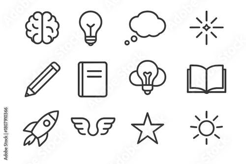 Mind Inspiration Icons. Mind inspiration. Line icon set of mind inspiration: brain, light bulb, thought bubble, spark, pencil, notebook, idea cloud, open book,