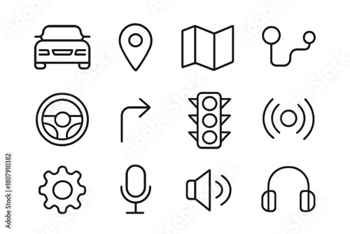 Smart Car UI Icons. Smart car UI. Line icon set of Smart car UI: car, GPS pin, map, route line, steering wheel, turn arrow, traffic light, signal waves,
