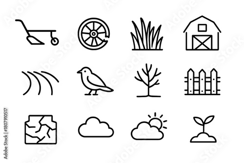 Abandoned Farm Icons. Abandoned Agriculture. Line icon set of Abandoned Agriculture: plow, broken wheel, overgrown grass, barn, field rows, bird, tree, fence,
