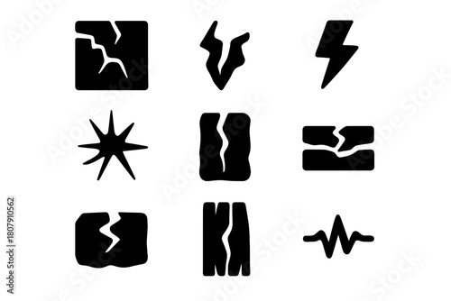 Crack Icons Collection. Crack. Solid icon set of Crack: broken wall, fracture, lightning bolt, crack in glass, fissure, broken floor, chasm, split wood,