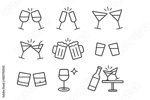 Clinking Glasses Icons. Clinking moment. Line icon set of clinking moment: clinking glasses, wine glass, champagne flute, cocktail glass, martini glass, beer