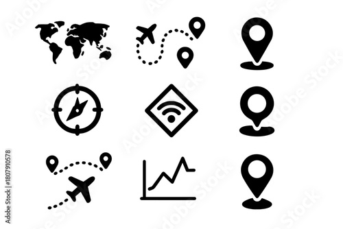 Air Navigation Icons. Air routes and navigation. Solid icon set of Air routes and navigation: world map, flight line, route pin, compass, GPS symbol, waypoint,