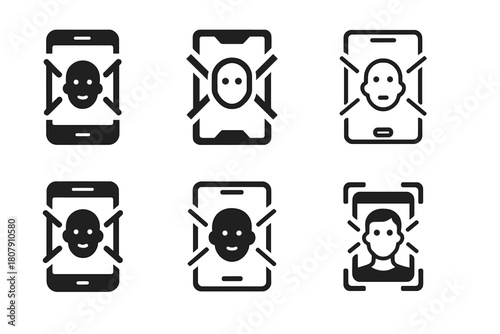 Facial Recognition Logos. Facial recognition. Icon set. Set Logo of facial recognition: camera lens with face aperture motif. harmonious logo variations of the