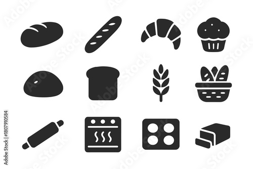 Bakery Icon Set. Bakery goods. Solid icon set of bakery goods: loaf, baguette, croissant, muffin, dough, bread slice, wheat, basket, rolling pin, oven, tray,