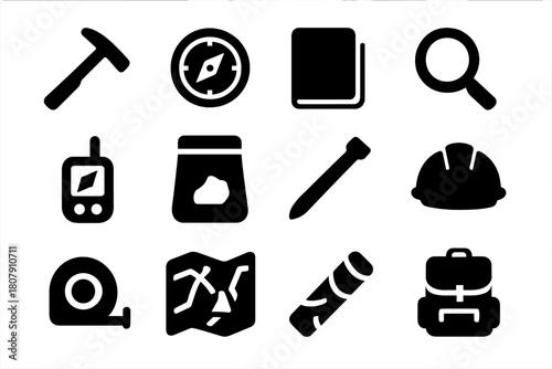 Geological Tools Icons. Geological tools. Solid icon set of Geological tools: rock hammer, compass, field notebook, magnifying lens, GPS device, sample bag,