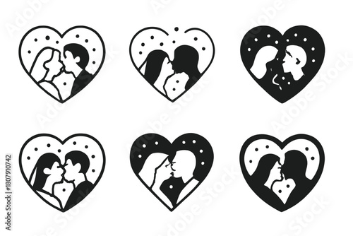 Wedding Kiss Icons. Wedding Kiss Under Confetti. Icon set. Set Logo of Wedding Kiss: confetti heart explosion over couple. harmonious logo variations of the