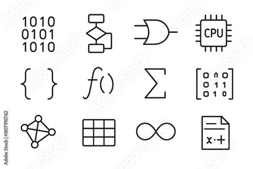 Computer Science Icons. Computer science formulas. Line icon set of computer science formulas: binary code, algorithm flowchart, logic gate, CPU chip, bracket