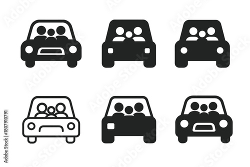 Family Car Trip Logos. Family car trip. Icon set. Set Logo of family car trip: family inside vehicle. harmonious logo variations of the same emblematic