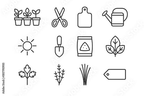 Kitchen Gardening Icons. Kitchen Gardening. Line icon set of Kitchen Gardening: herb pots, scissors, cutting board, watering can, sunlight, small trowel, soil
