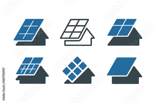 Solar Roofing Logo Set. Solar roofing systems. Icon set. Set Logo of solar roofing systems: tilted racking system side profile. harmonious logo variations of