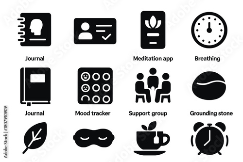 Mental Health Icons. Mental health care. Solid icon set of Mental health care: brain, heart, medical cross, hands holding, calm face, lotus flower, speech