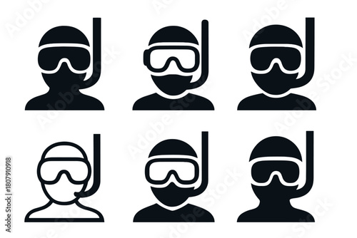 Snorkeling Mask Logos. Snorkeling mask. Icon set. Set Logo of Snorkeling mask: Mask strap detail. harmonious logo variations of the same emblematic concept,