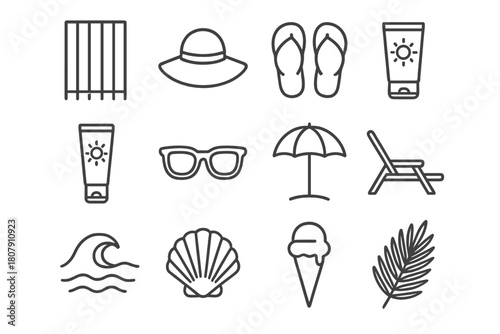 Beach Essentials Icons. Beach towels. Line icon set of beach towels: striped towel, sun hat, flip-flops, sunscreen, sunglasses, umbrella, beach chair, wave,