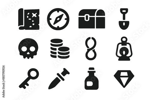 Treasure Hunt Icons. Searching for hidden treasure. Line icon set of searching for hidden treasure: treasure chest, map, magnifying glass, compass, pirate hat,