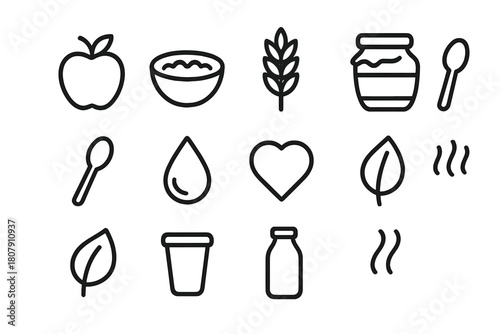 Nutritious Eating Icons. Nutritious eating. Line icon set of nutritious eating: apple, bowl, grain, honey jar, spoon, water droplet, seed, heart, leaf, yogurt