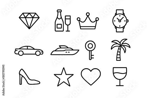 Luxury Icon Line Art. Luxury Lifestyle. Line icon set of Luxury Lifestyle: diamond, champagne, crown, watch, car, yacht, key, palm tree, high heel, star,
