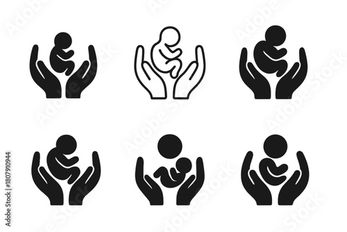 Family Planning Icons. Family Planning. Icon set. Set Logo of Family Planning: growing heart symbol. harmonious logo variations of the same emblematic concept,