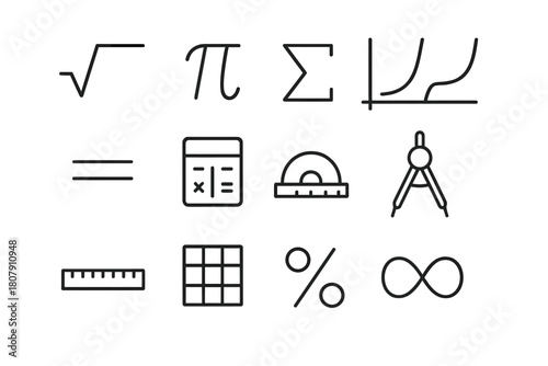 Mathematical Icon Set. Mathematical formulas. Line icon set of mathematical formulas: square root symbol, pi symbol, sigma summation, function graph, equation