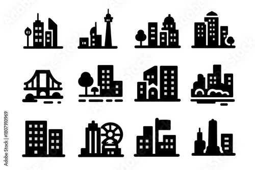 City Skyline Icons. City skylines. Solid icon set of City skylines: tall buildings, tower, dome, bridge, street lights, park, riverbank, apartment block,