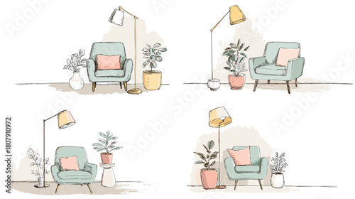 Cozy living room illustration featuring a soft armchair, floor lamp, and potted plants. Warm minimal interior design ideal for home decor themes and lifestyle visuals.
