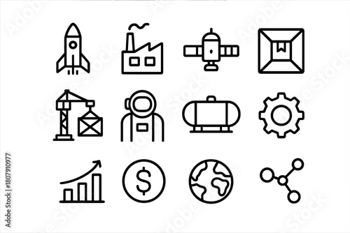 Space Industry Icons. Space Industry. Line icon set of Space Industry: rocket, factory, satellite, cargo box, crane, astronaut, fuel tank, gear, chart, coin,