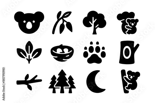 Tree Life Icons. Tree Life. Solid icon set of Tree Life: koala, eucalyptus branch, tree, baby koala, leaves, nest, paw print, tree hollow, branch, forest,