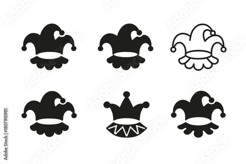Circus Costume Icons. Circus costumes. Icon set. Set Logo of circus costumes: jester hat and collar. harmonious logo variations of the same emblematic concept,