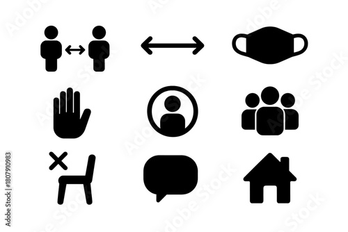Social Distance Icons. Social distance. Solid icon set of social distance: two people apart, arrows, mask, hand, circle, cross, crowd, chair, speech bubble,