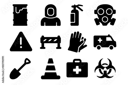 Industrial Safety Icons. Industrial Accident. Solid icon set of Industrial Accident: chemical barrel, hazmat suit, fire extinguisher, gas mask, warning sign,