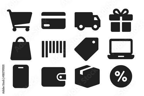Webshop Icon Set. Webshop. Solid icon set of Webshop: shopping cart, credit card, delivery truck, gift box, shopping bag, barcode, price tag, laptop,