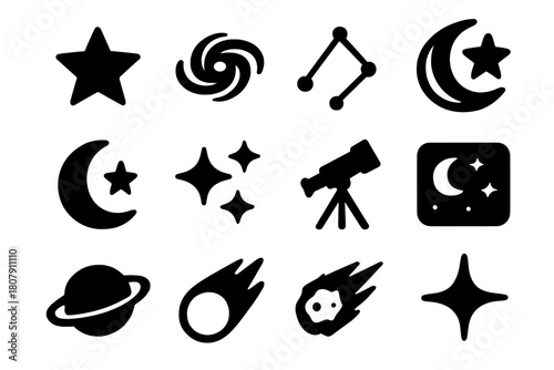Astral Icon Collection. Astral Objects. Solid icon set of Astral Objects: star, galaxy, constellation, shooting star, crescent moon with star, sparkles,