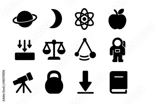 Physics Icons Set. Fundamental physics. Solid icon set of Fundamental physics: planet, moon, orbit, apple, falling object, scale, pendulum,