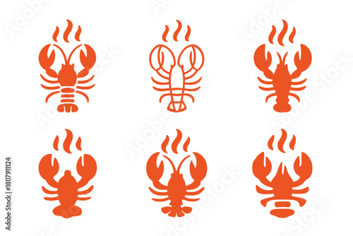 Spicy Seafood Logos. Spicy seafood. Icon set. Set Logo of Spicy Seafood: lobster with heat wave accents. harmonious logo variations of the same emblematic