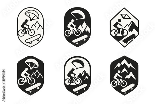 Extreme Sports Logos. Unusual hobbies and extreme sports. Set Logo of Unusual hobbies and extreme sports: adventure badge with mixed icons. harmonious logo