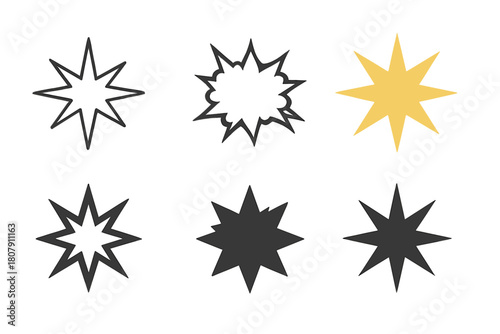 Burst Icon Variations. Burst. Icon set. Set Logo of Burst: comic-style impact explosion. harmonious logo variations of the same emblematic concept, each with