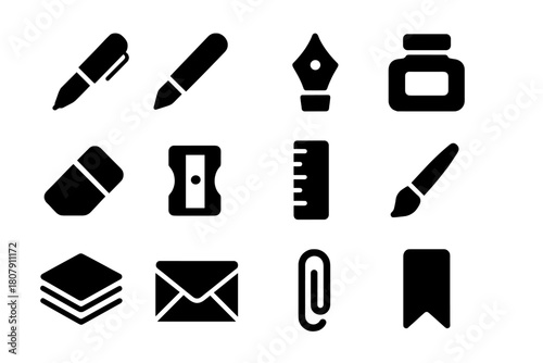 Writing Tools Icons. Writing Tools. Solid icon set of Writing Tools: pen, pencil, fountain pen nib, ink bottle, eraser, sharpener, ruler, brush, paper stack,