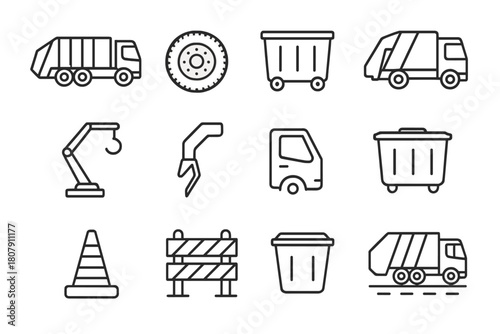 Outline Garbage Truck Icons. Garbage trucks. Line icon set of garbage trucks: garbage truck, wheel, container, compactor, hydraulic arm, chute, cabin, safety
