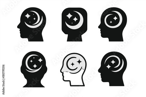 Swirling Thoughts Logos. Night sky filled with swirling thoughts. Icon set. Set Logo of night sky filled with swirling thoughts: flowing stars and waves.