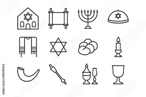 Judaism Ritual Icons. Judaism rituals. Line icon set of Judaism rituals: synagogue, Torah scroll, menorah, kippah, prayer shawl, Star of David, challah bread,