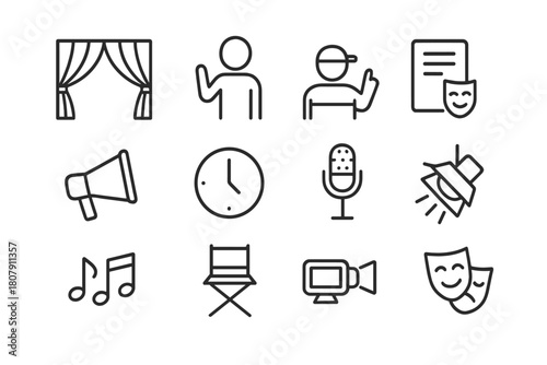 Stage Rehearsal Icons. Stage rehearsal. Line icon set of stage rehearsal: curtain, actor, director, script, megaphone, clock, microphone, spotlight, notes,