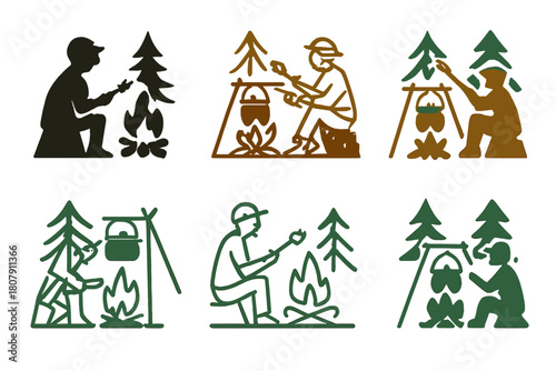 Campfire Logo Variations. A person sitting by a campfire in the woods, roasting marshmallows and telling stories. Icon set. Set Logo of A person sitting by a