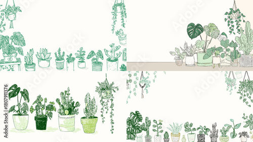 Hand drawn houseplant frame with potted foliage and hanging greenery in soft green tones. Botanical illustration perfect for gardening themes, nature decor, and modern plant lovers.