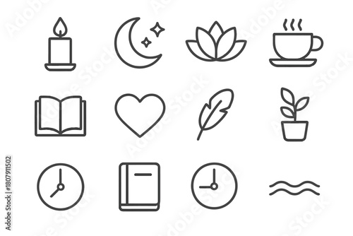 Evening Mindfulness Icons. Evening mindfulness. Line icon set of evening mindfulness: candle, moon, stars, lotus, tea cup, book, heart, feather, plant, clock,