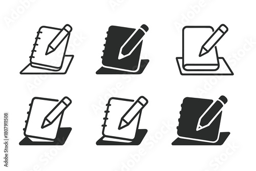 Sketchbook Logo Variations. Sketchbook and pencil on desk. Icon set. Set Logo of sketchbook and pencil on desk: pencil and notebook angled view. harmonious